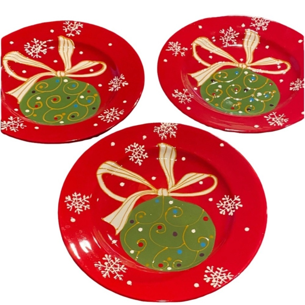 Pier 1 Festive Red and Green Holiday Plates “Decorations”. Ceramic. Set of 3.